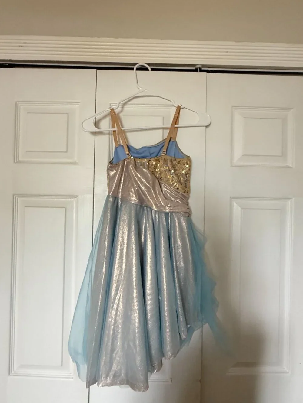 gold, champagne, and sky blue asymmetrical lyrical dance costume